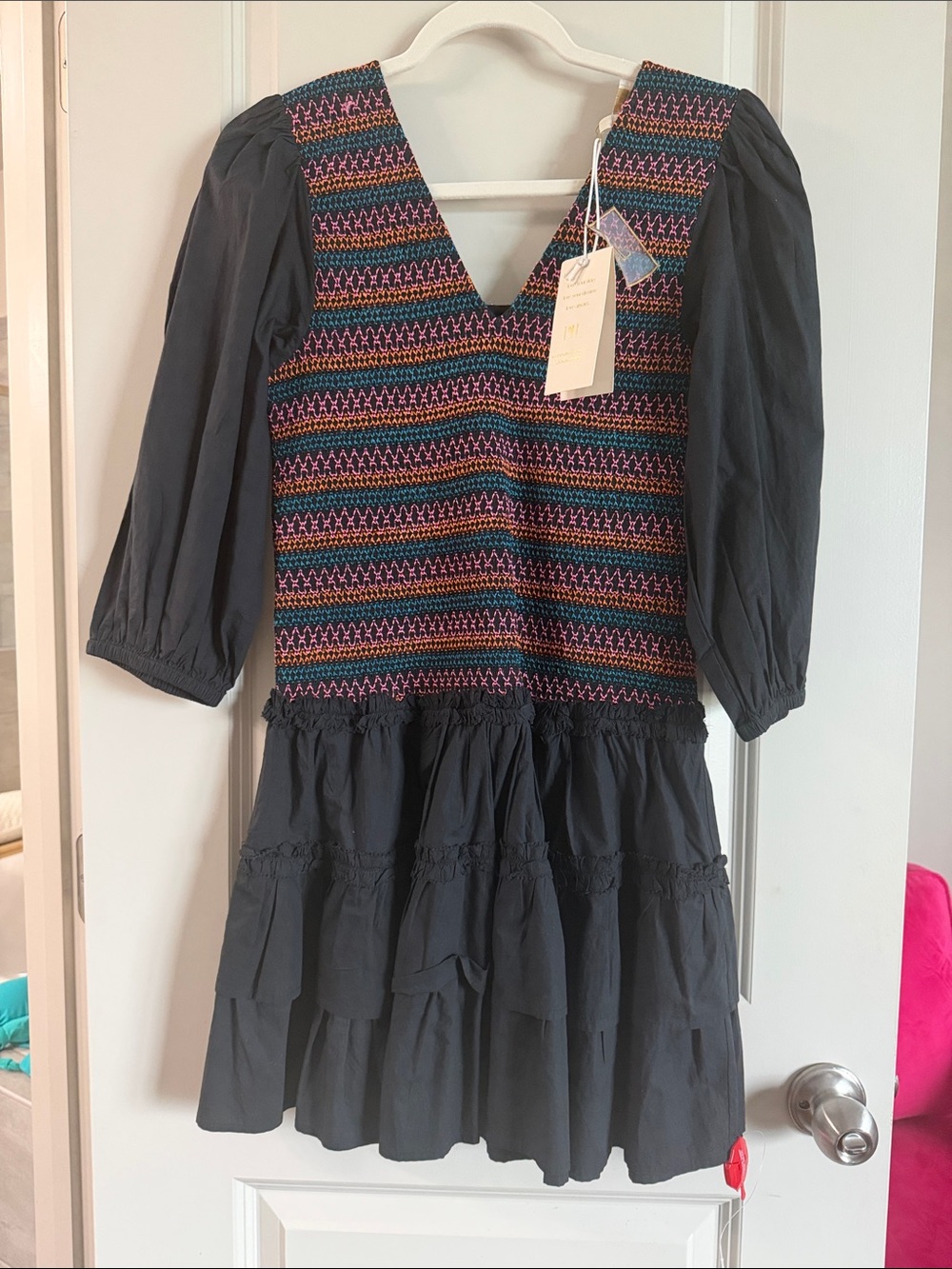 NWT Love the Label Black Tiered Mini Dress with Multicolor Smocked Bodice